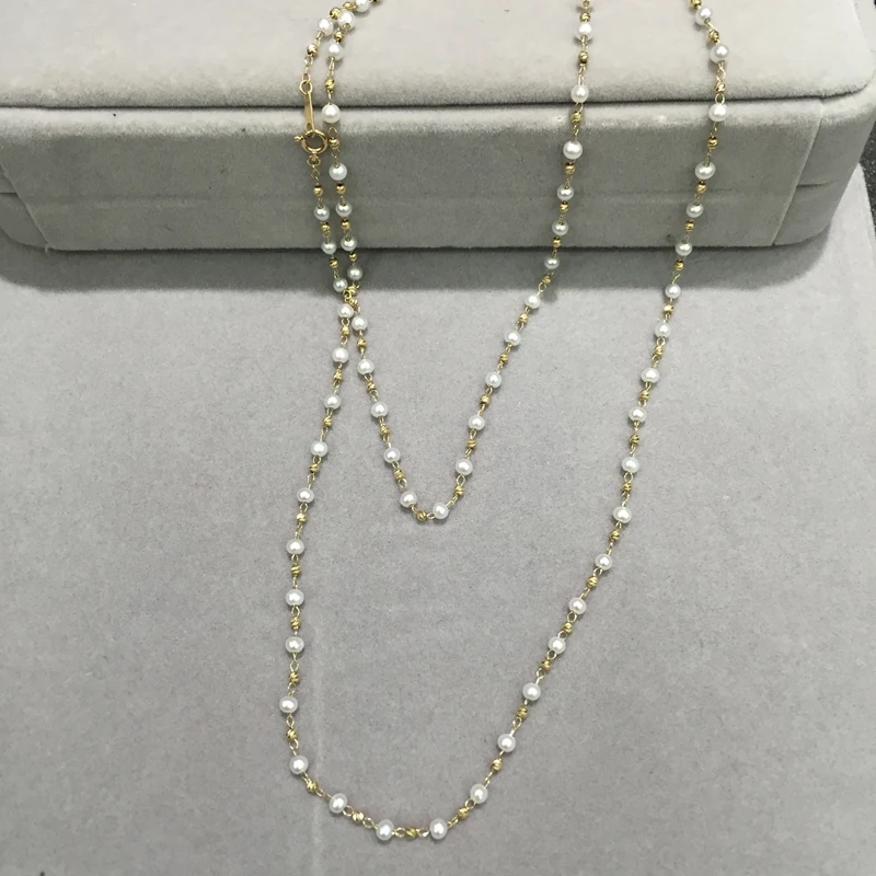 3-4MM dlouhé sladké vody perlový náhrdelník 10K žluté zlato malý perlový náhrdelník pravý šperky jemné ženy šperky zdarma dopravu