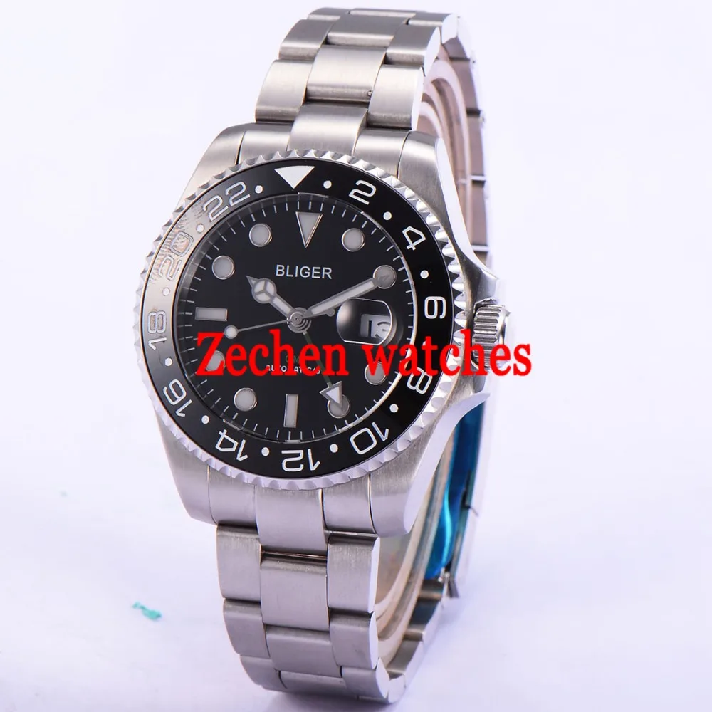 

43mm Bliger Date Day Sapphire GMT Automatic black dial Mechanical Luminous Mens Watch