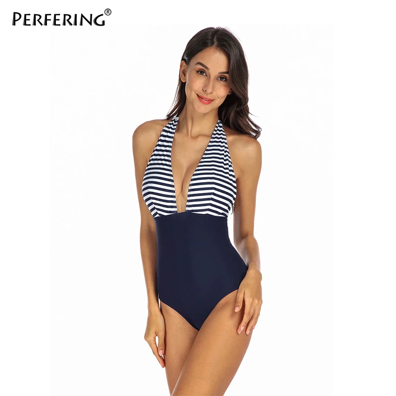 

Perfering Sexy One Piece Swimsuit Women Summer Beachwear One Shoulder Swimwear Bathing Suits Bodysuit V Neck Striped High Waist