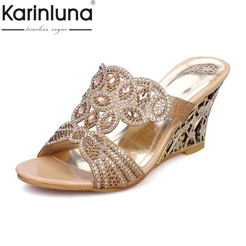 

Karinluna Big Size 32-43 Rhinestone Lady's Party mules pumps Fashion hollow Wedges heels summer women Shoes woman sandals