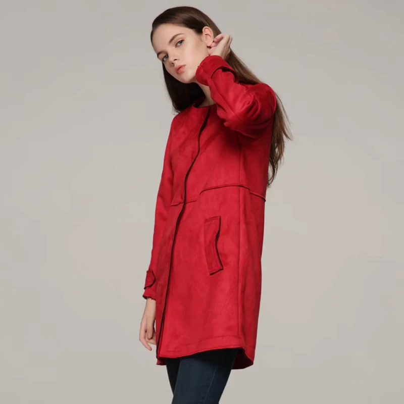 

Red Women Suede Coats 2019 Fashion Girls Slim Long Trench Ladies Spring-Autumn Chic Windbreaker Ladies Outfits Raincoats clothes