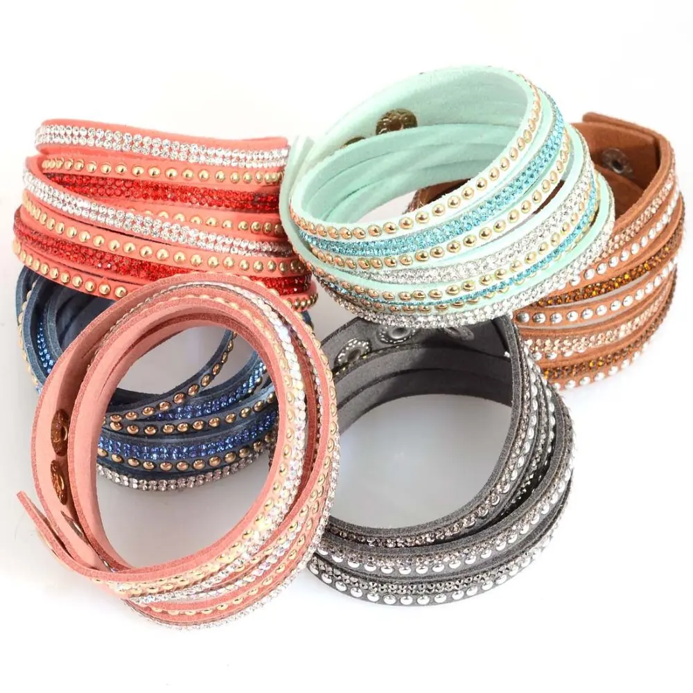 Wholesale Random Mixed Color Double Wrap Crystal Bling Rhinestone Bracelets For Women Leather ...