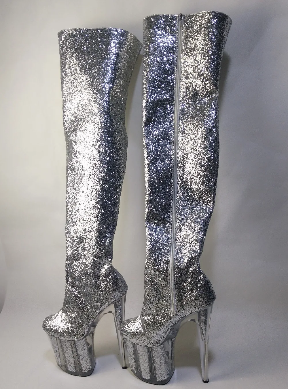 Shining Silver 20CM Ultra High Heels Boots Barreled Platform PU Leather 8 Inch Performance Shoes Sexy Dance Shoes