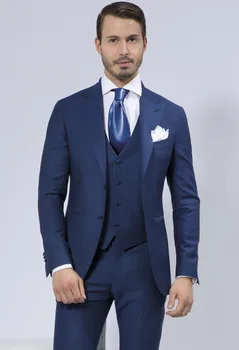 

New Style Groom Tuxedo Navy Blue Groomsmen Peak Lapel Wedding/Dinner Suits Best Man Bridegroom (Jacket+Pants+Tie+Vest) B492