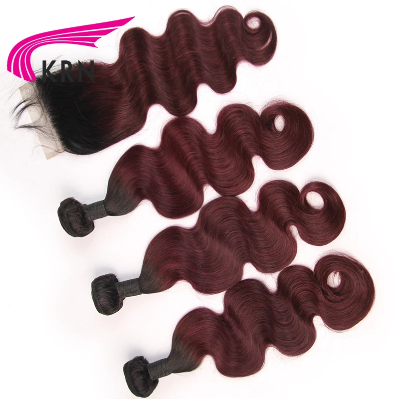 KRN 1B/99J Color Brazilian Human Hair 3 Pieces Bundles With Lace Closure Body Wave Remy Hair Extension Full End Fast Shipping