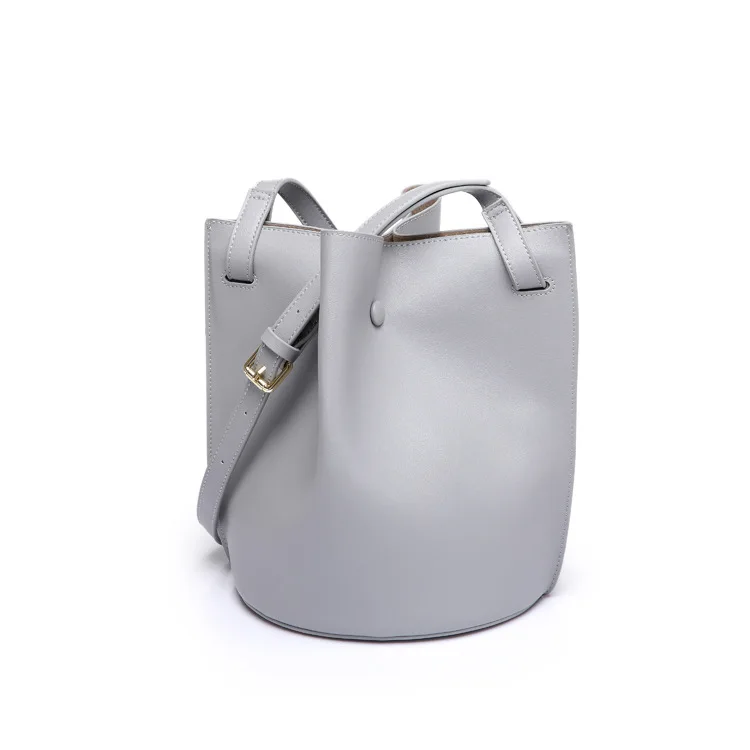 Fashion women grey leather bucket bag designer small soft tote bags crossbody woman casual ...