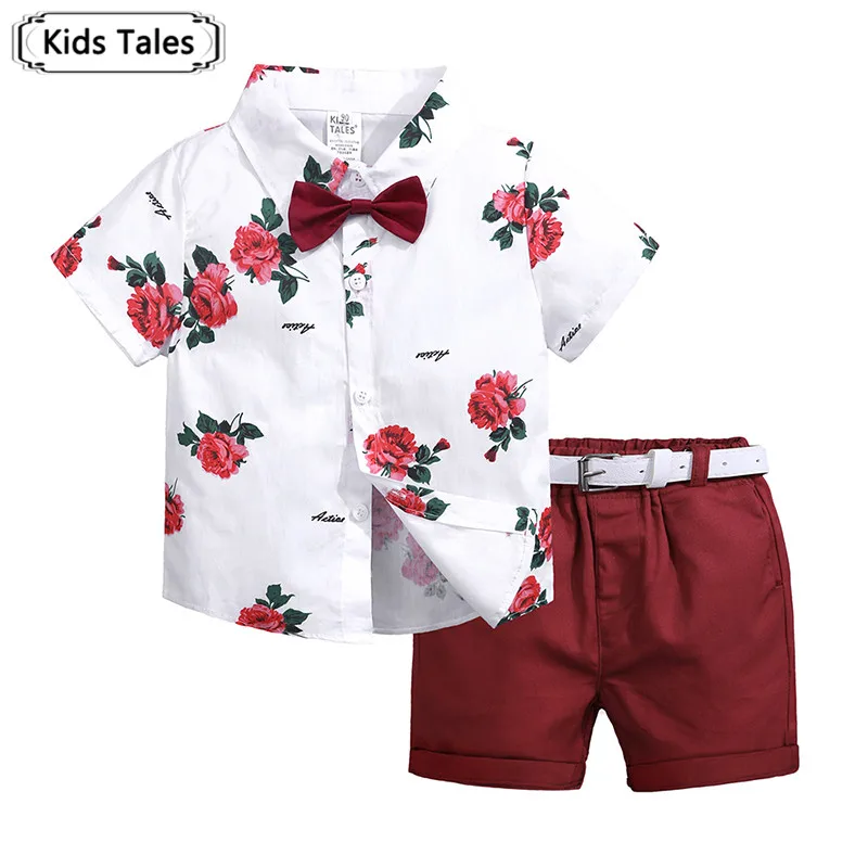 

ST398 Summer Clothes Sets for Boys Children's Suits Kids Clothes Flower Shirts with Tie + Shorts + Belt 3 Pcs. Gentleman Costume