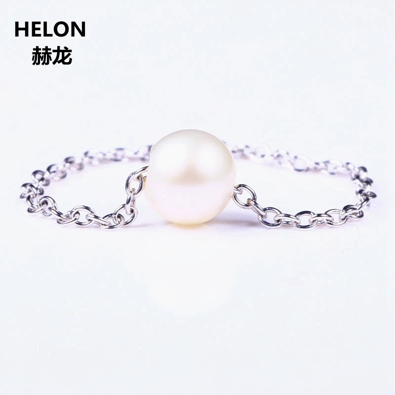 

Solid 18k White Gold Women Engagement Wedding Ring Finger Chain Natural Freshwater Pearl Trendy Fine Jewelry