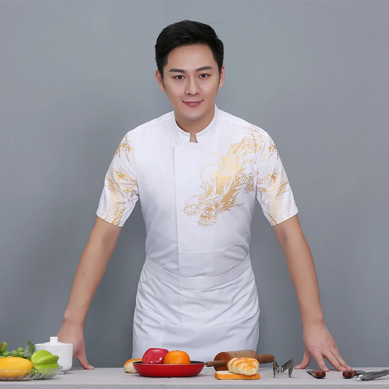 Короткий рукав шеф-повара форма для повара летняя Модная рубашка с принтом дракона ресторанные хлебобулочные изделия услуги Парикмахерская гостиничная Рабочая куртка - Цвет: White