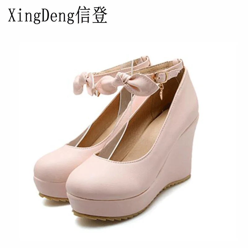 

XingDeng Women Round Toe Platform Wedge Party High Heel Shoes Spring Autumn Style Solid Color Plus Size Bow Ties Party Pumps