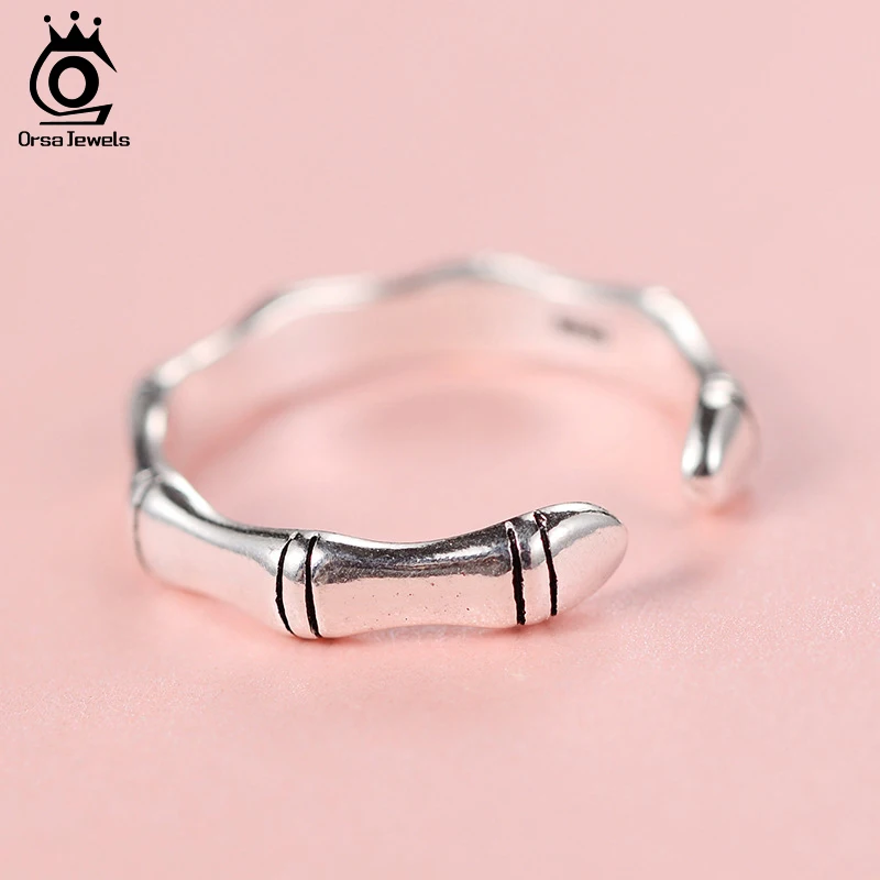 ORSA JEWELS 925 Sterling Silver Ring For Women Bamboo Bone Open Cuff Rings Resizable Wedding Engagement Fashion Jewelry PSR50