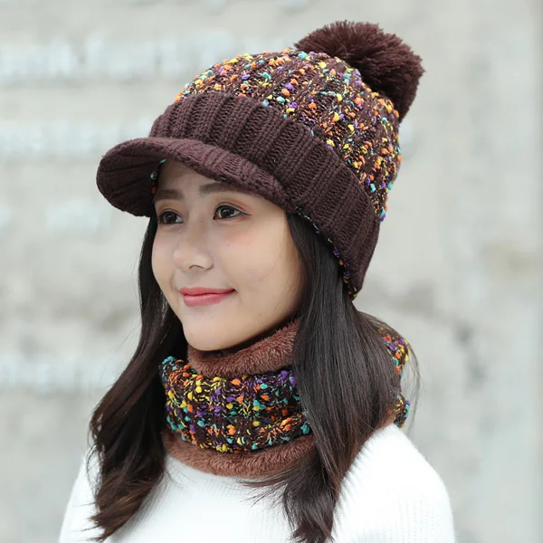 style 1 coffee Новые зимние шапочки Для женщин шарф вязанные шапки кепки маска капор красочные теплая шерсть шапки с большой шар Skullies шапочка шапки - Цвет: style 1 coffee