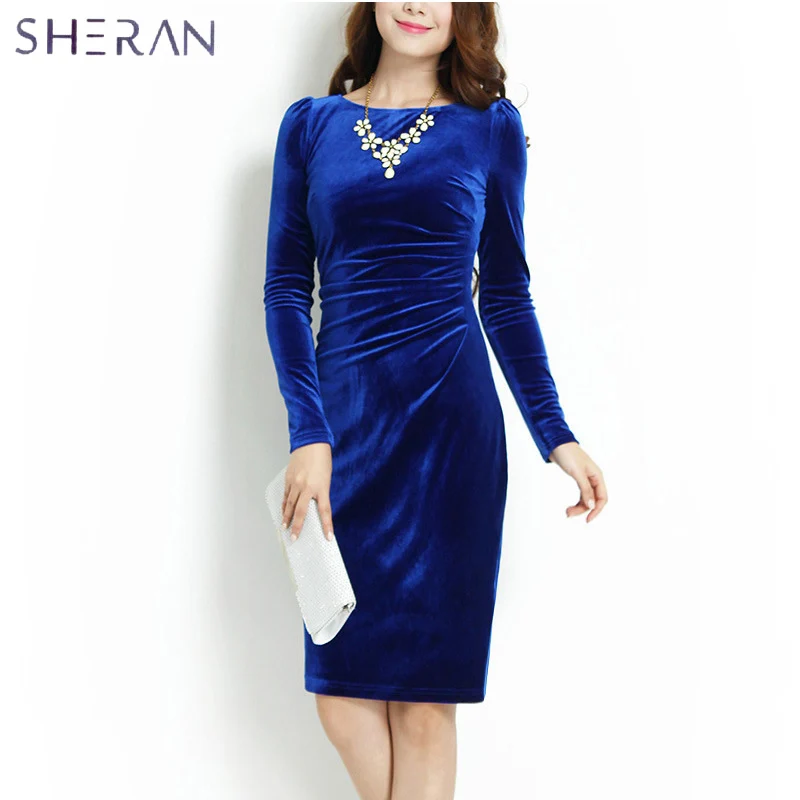 

Woman Dress 2018 Summer Autumn Velvet Fall Dress Ladies Elegant Slim O-Neck Long-sleeved Women Dresses Femme Office Lady Dresses