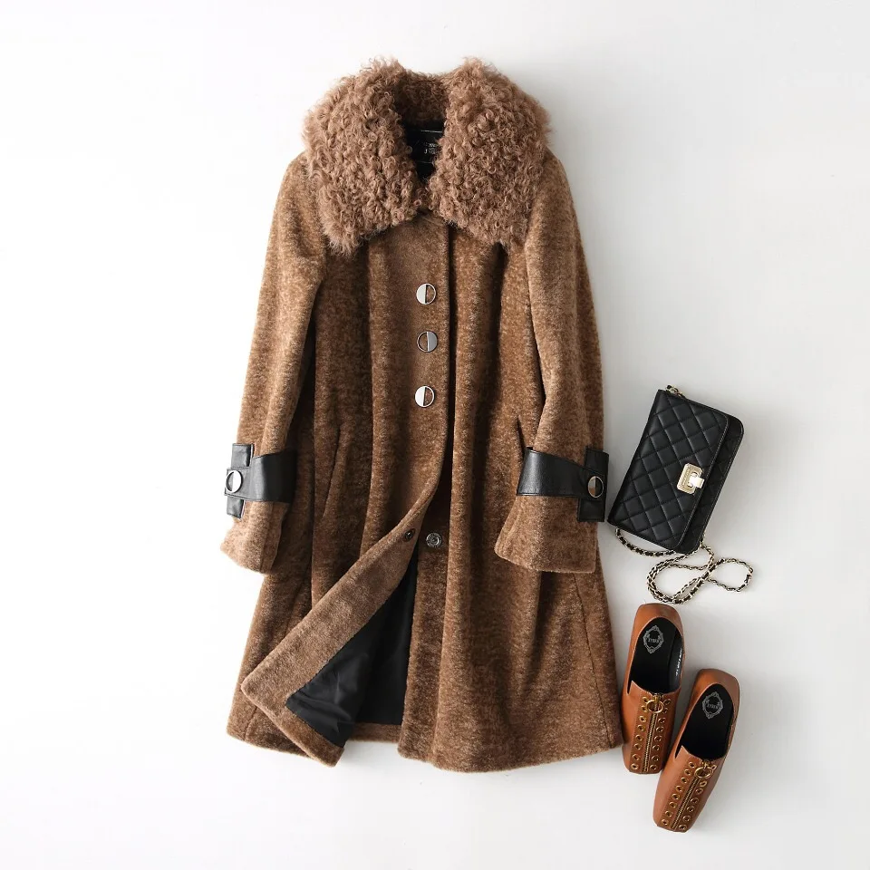 ZiZhen длинное теплое пальто из натурального меха ягненка с отложным воротником, зимнее женское 181214-1, KQN17066