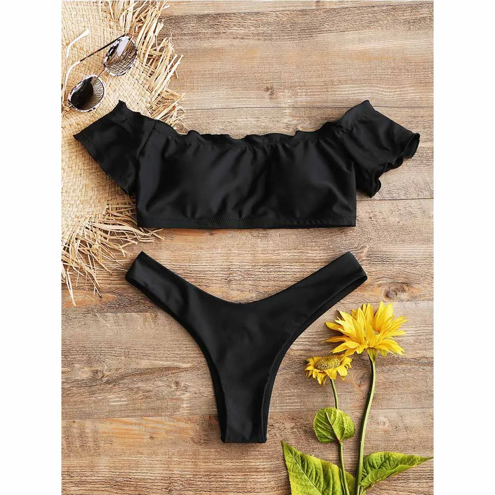 Swimwear Bikini Women Lettuce Trim High Cut Bikini Off Shoulder Bathing Suit Strapless Swimsuit Thong Bikini Set Beachwear