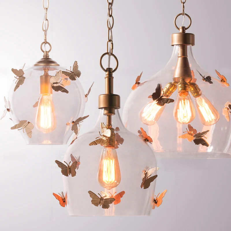 American Retro Butterfly Pendant Lamp Luxury Glass Lampshade Restaurant
