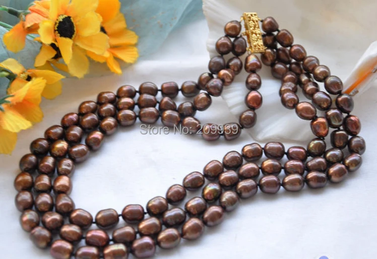

huij 002824 3row 12mm coffee rice FRESHWATER CULTURED pearl necklace