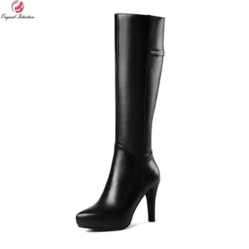 

Original Intention Elegant Women Knee High Boots Cow Leather Pointed Toe Thin Heels Boots Black Beige Shoes Woman US Size 4-8.5
