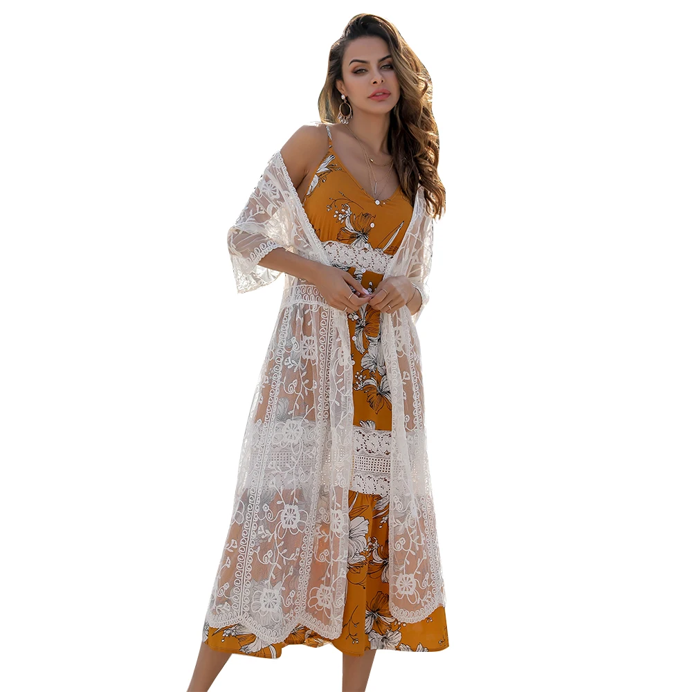

New Women Chiffion Long Cardigan Solid Color Blouse Crochet Flower Embroidered Bandage Cardigan Long Lace Bikini Beach Blouse