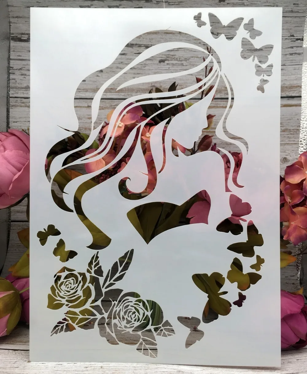 

29*21cm New Long Hair Girl Butterfly DIY Layering Stencil Wall Painting Scrapbook Coloring Embossing Album Paper Card Template