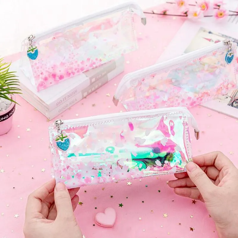 

Transparent Waterproof Cosmetic Bag Women Cherry Blossoms Make Up Travel Storage Multifunction Zipper Bathing Makeup Wash Bag