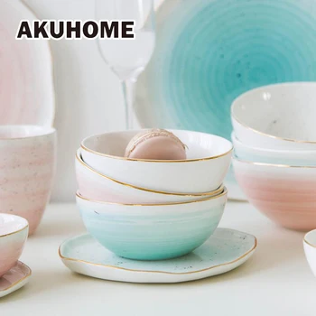 

3 Colors European Style Gold Rim Spot Ceramic Bowl Rice Soup Bowl Mixing Bowl