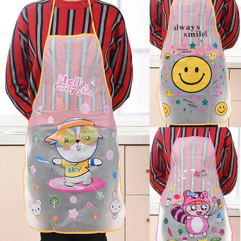 

2019 Home Women Waterproof Cute Cartoon Transparent Kitchen Restaurant Cooking Apron #1219