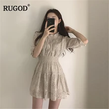 RUGOD, одноцветные летние платья, женские вечерние платья, элегантные милые кружевные платья с коротким рукавом и круглым вырезом в Корейском стиле