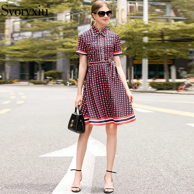 

Svoryxiu Designer Summer Vintage Dress Women's Fashion Short Sleeve Polka Dot Flower Printed Knee-Length Dresses Vestdios