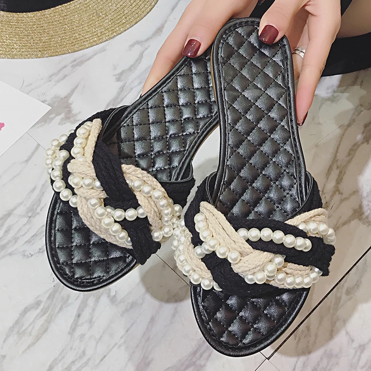 Luxury brand woman flipflops pearls design woman beach sandals ankle
