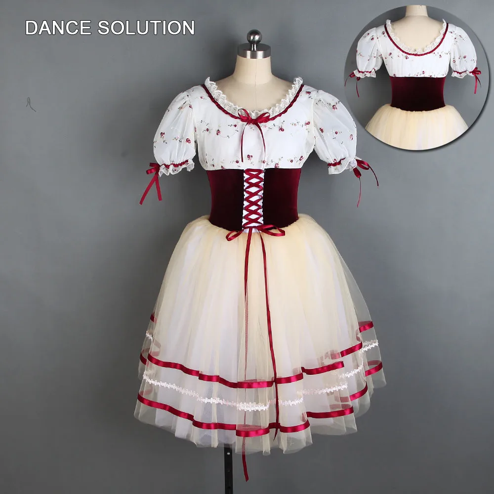 

Romantic Ballet Tutu with Burgundy Bodice and Puff Sleeves Tulle Dance Skirt for Adult & Girl Dancer Stage Show Costumes 20011