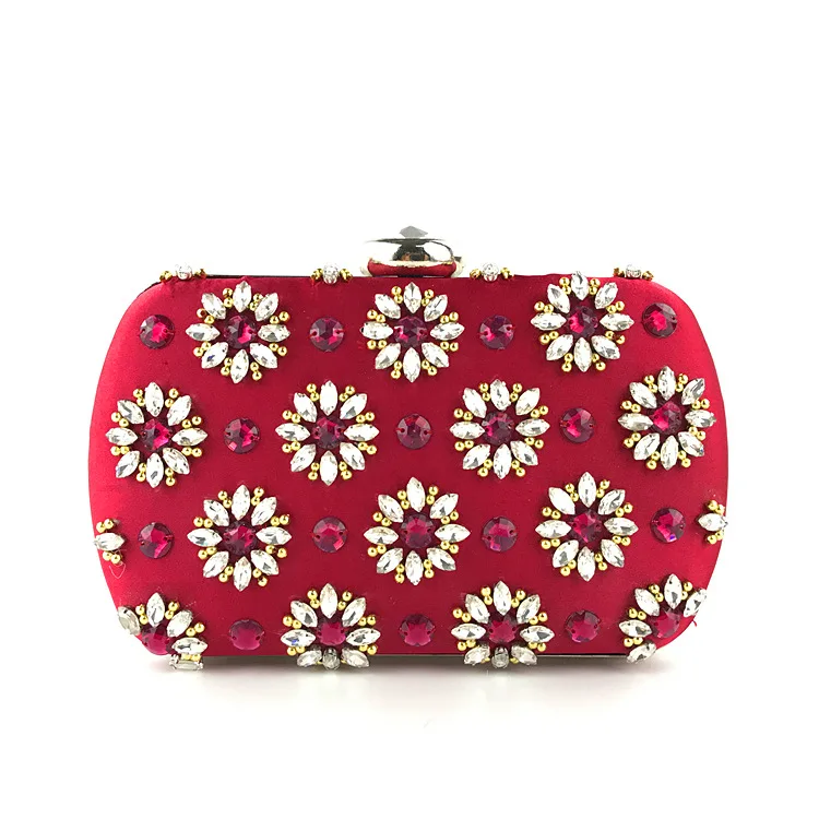 Luxy Moon Rhinestone Floral Red Satin Evening Bag Front View