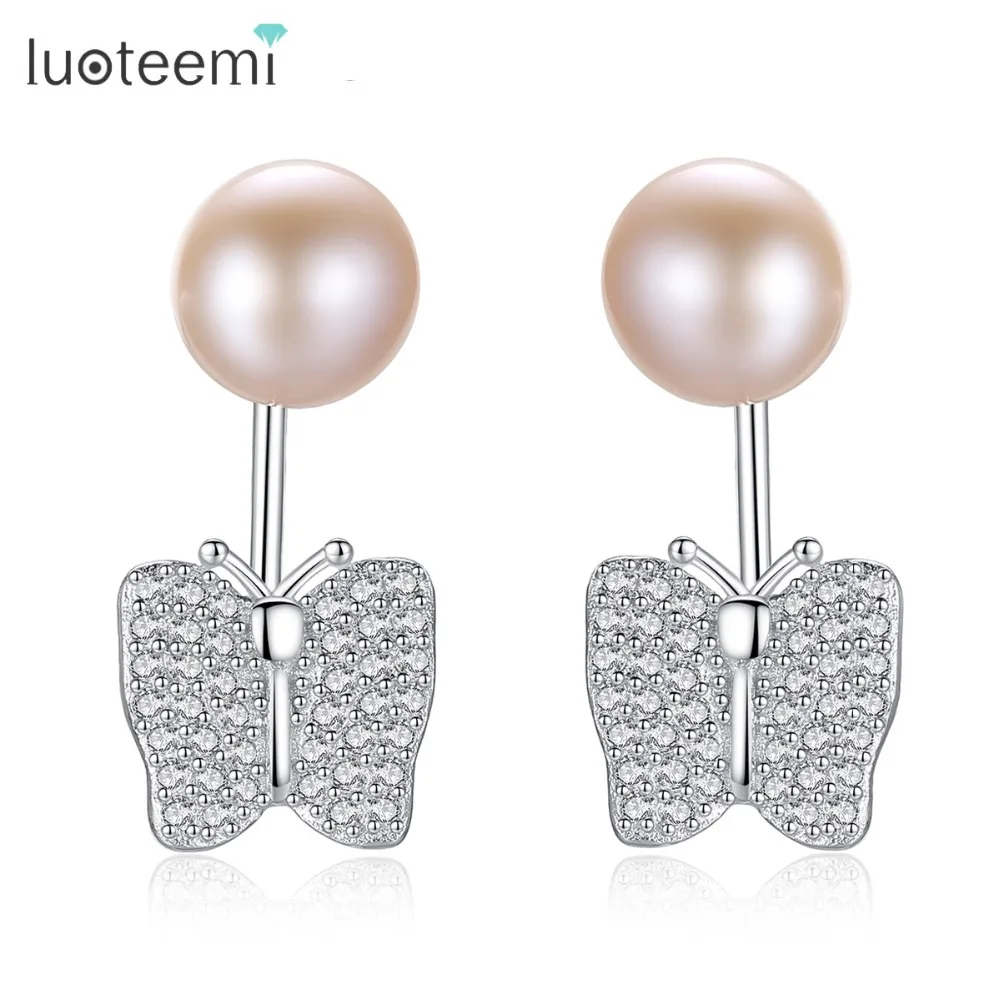 LUOTEEMI Женская мода 925 пробы серебро из блестящего циркония Сережка-гвоздик в форме бабочки для женщин натуральный пресноводный жемчуг ювелирные изделия подарок