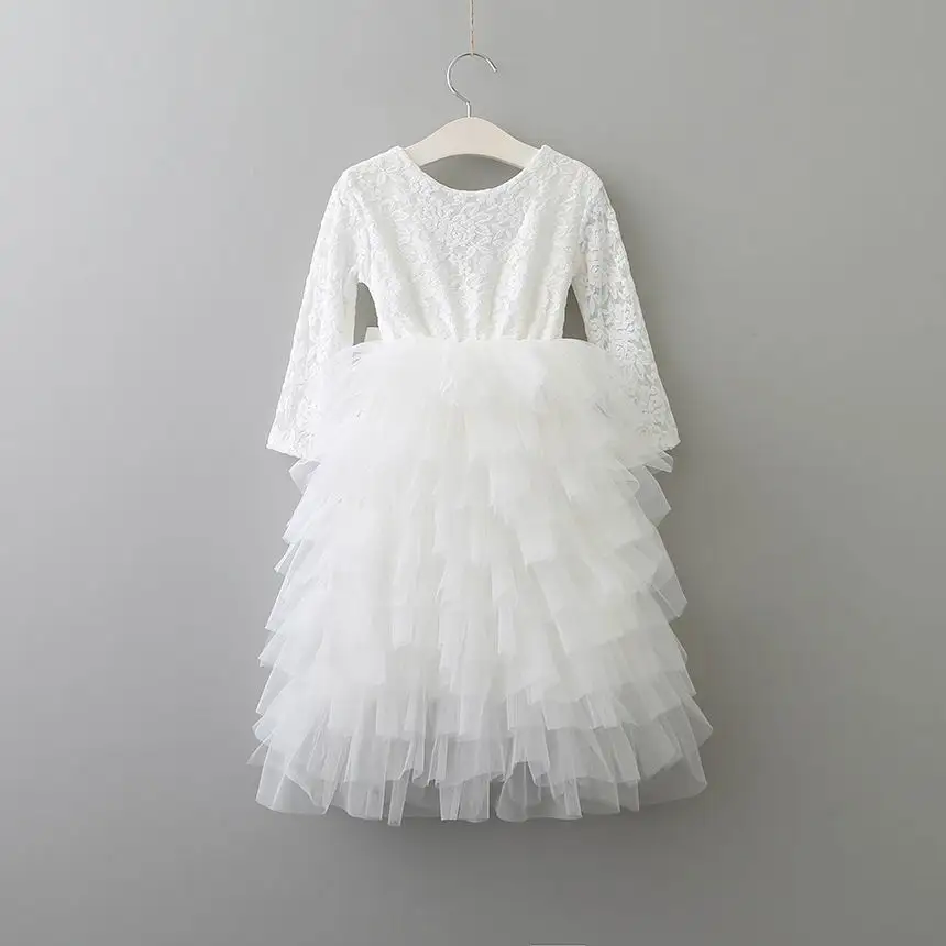 Платье в стиле «принцесс» для девочки, розовая детская одежда с длинными рукавами кружева платье с орнаментом из цветов 5 Слои; платье с фатиновой юбкой с длинным Длина От 1 до 8 лет E1942