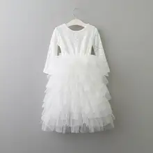 Платье в стиле «принцесс» для девочки, розовая детская одежда с длинными рукавами кружева платье с орнаментом из цветов 5 Слои; платье с фатиновой юбкой с длинным Длина От 1 до 8 лет E1942