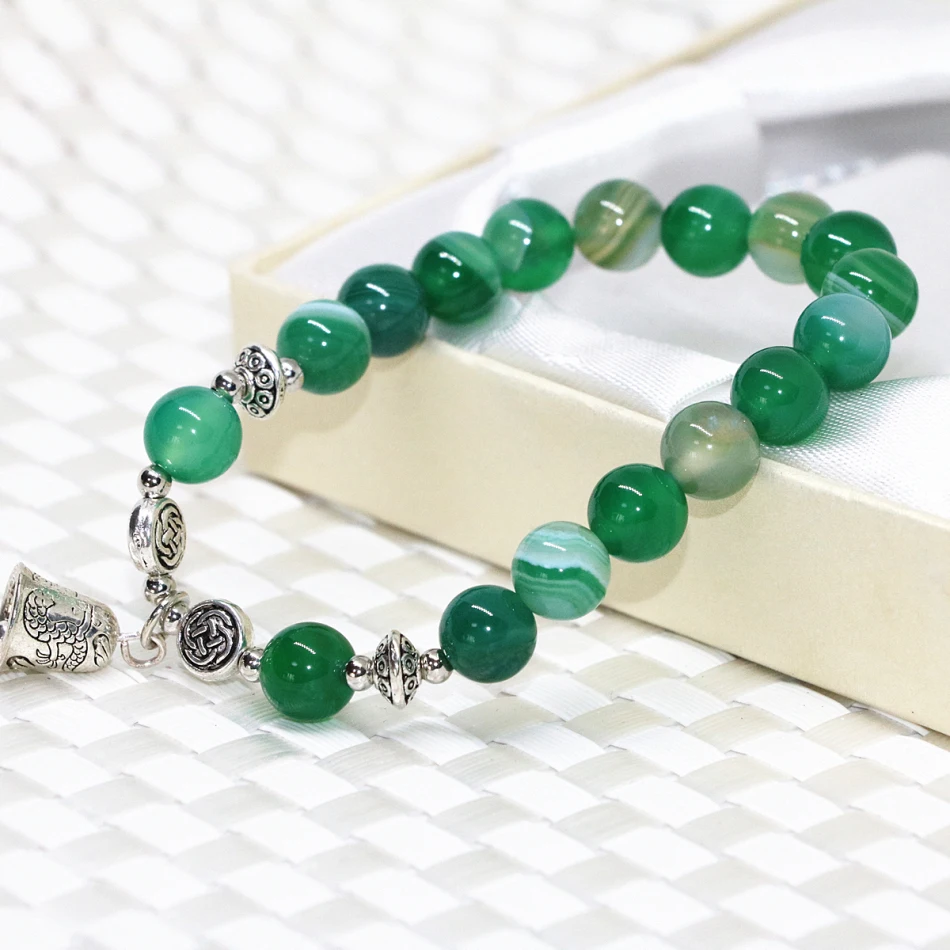 

Natural 8mm green veins onyx carnelian stone agat round beads strand bracelets silver-color bell pendant jewelry 7.5inch B2084