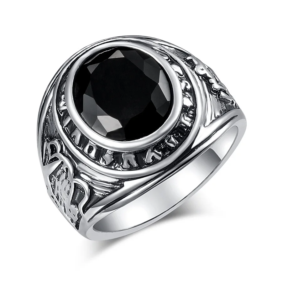 

Fashion Big Vintage Silver Black Stone Ring Punk Classic Semi-precious Stone Carve Patterns Rings for Women Man Jewelry Party