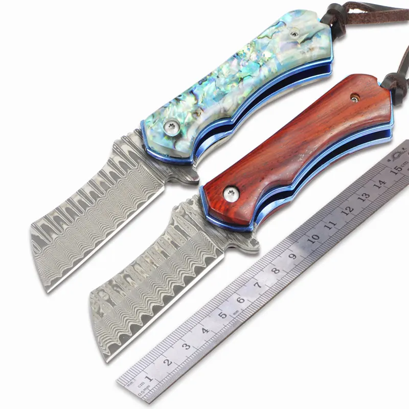 

New 58HRC Damascus blade Red sandalwood or Abalone handle pocket folding knife outdoor camping survival tool EDC utility knife