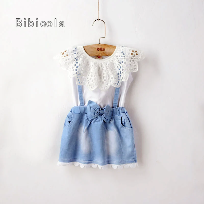 

BibiCola summer baby girls clothing sets kids girls sweet printed cotton denim dress suit children girls fashion clothing sets