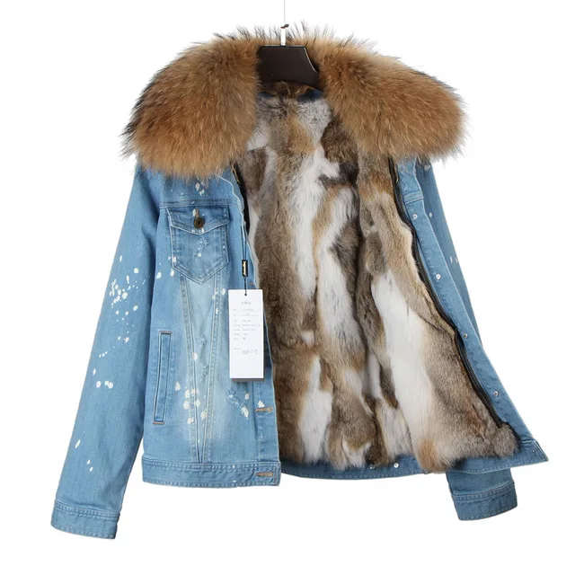 Брендовая Новинка, осенне-зимняя куртка, пальто, женская джинсовая куртка с дырками, настоящий большой воротник из меха енота, натуральный мех кролика, толстая теплая подкладка - Цвет: rabbit fur liner