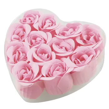 

New 12 Pcs Bathing Pink Rose Bud Flower Petal Soap + Heart Shape Box