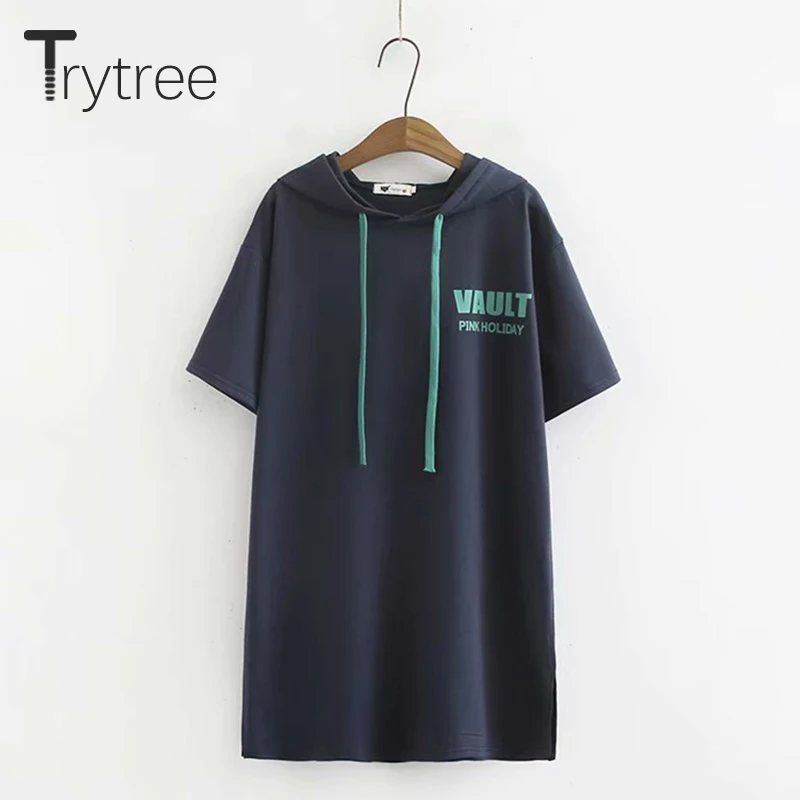 Trytree летние Повседневное Для женщин длинная футболка с капюшоном буквенным