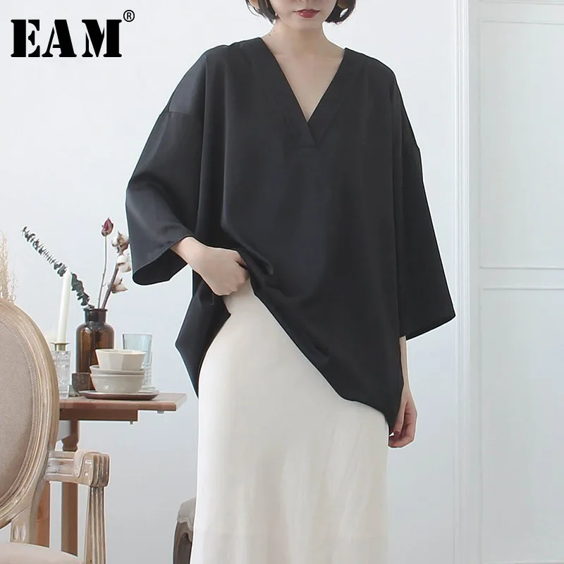 

[EAM] 2019 New Spring V-collar Long Sleeve Black Loose Large Size Brief Irregular Hem Shirt Women Blouse Fashion JK987