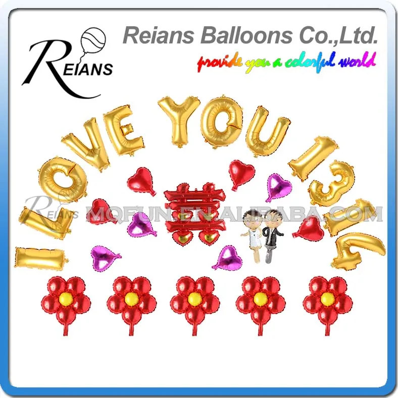 

50 Sets Reians Cartoon Chinese XI Wedding I LOVE YOU Flower Party Decoration Letter Number Helium Air Aluminum Foil Balloons Set