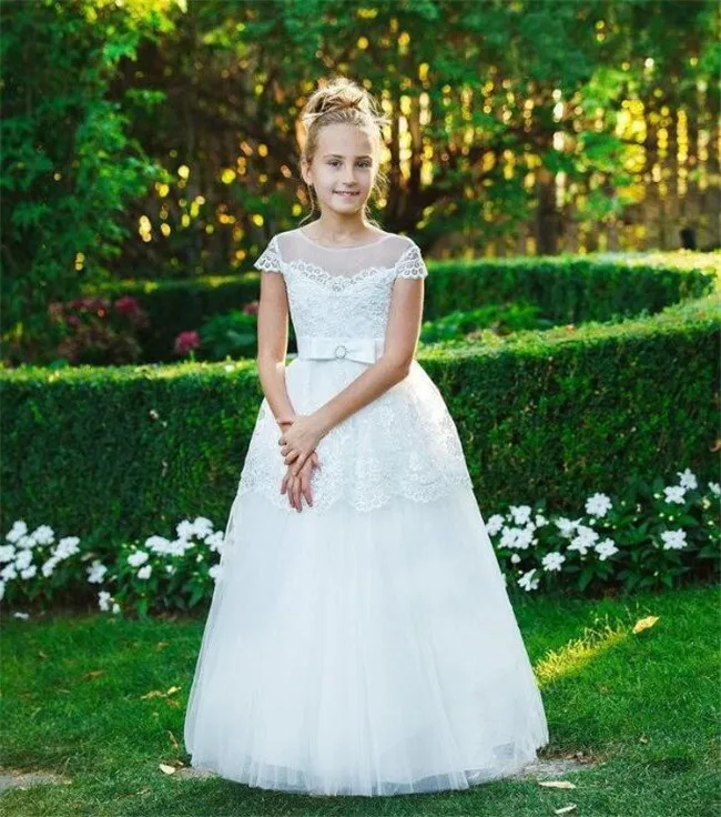 White Tulle Lace Flower Girl Dress For Wedding Sheer Neck Up Back Custom Made Princess Cap Sleeves Kids Prom Dresses | Детская одежда и