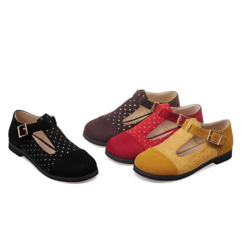 

Ladies High Quality T-Strap Buckle Big size 34-52 Accurate Sizes Rivets Flock Round Toe Sandalias Women Flattie American Style