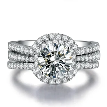 

1.5CTW 7.5mm Round Cut Test Positive Moissanite Diamond Set Rings test positive WARRANTY Real 925 Sterling Silver Ring