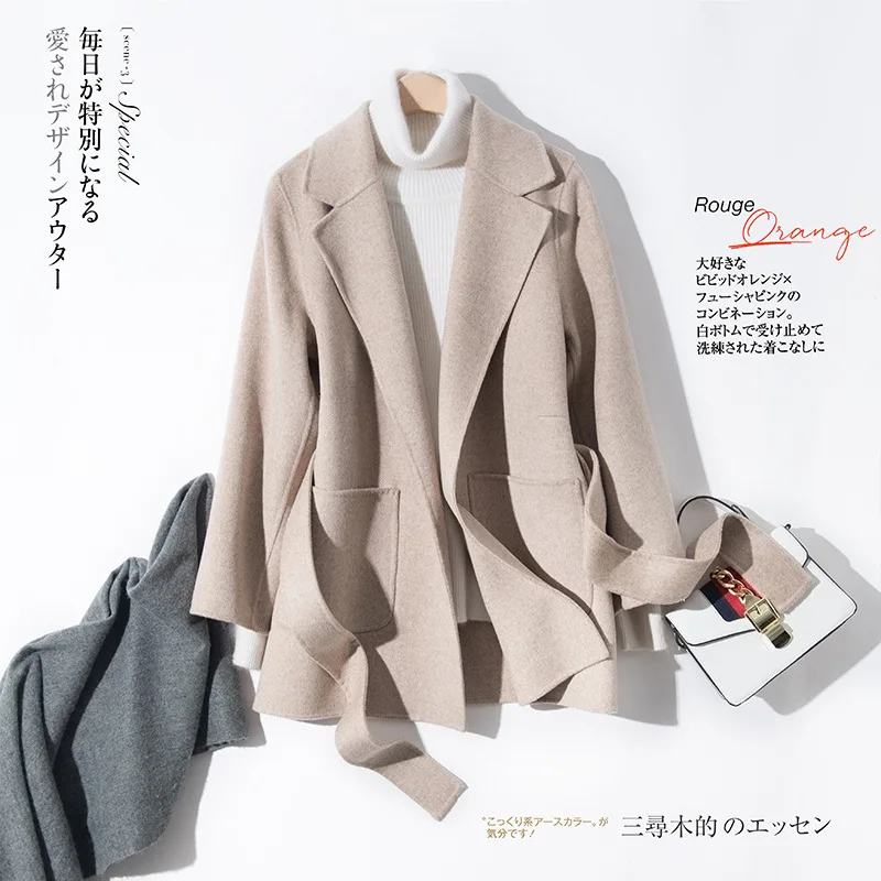 

2018 Autumn Winter New 100 % Wool Coat Women's Short Loose Couture with Pure Cashmere Two-sided Woolen Wool Blends