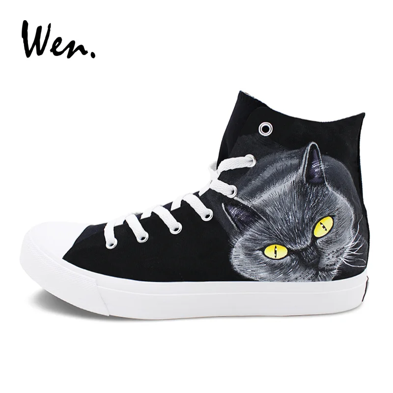 ون الكلاسيكية حذاء أسود اليد رسمت تصميم الأصفر عيون الحيوانات الأليفة القط عالية أعلى الرجال أحذية رياضية من قماش القنب المرأة رياضية أحذية ...