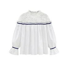 spring of 2018, Europe and the United States women’s new stitching loose blouse wholesale JR1669 lace long sleeve shirt